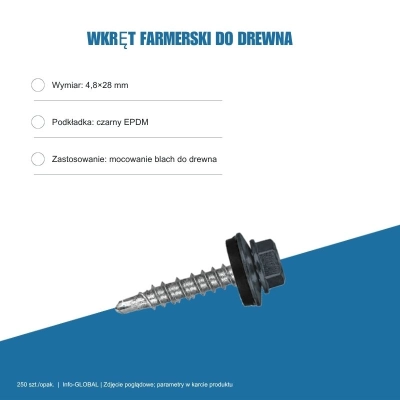 Wkręty farmerskie do blachy 4,8x28 mm do drewna – 250 szt., kolor do wyboru